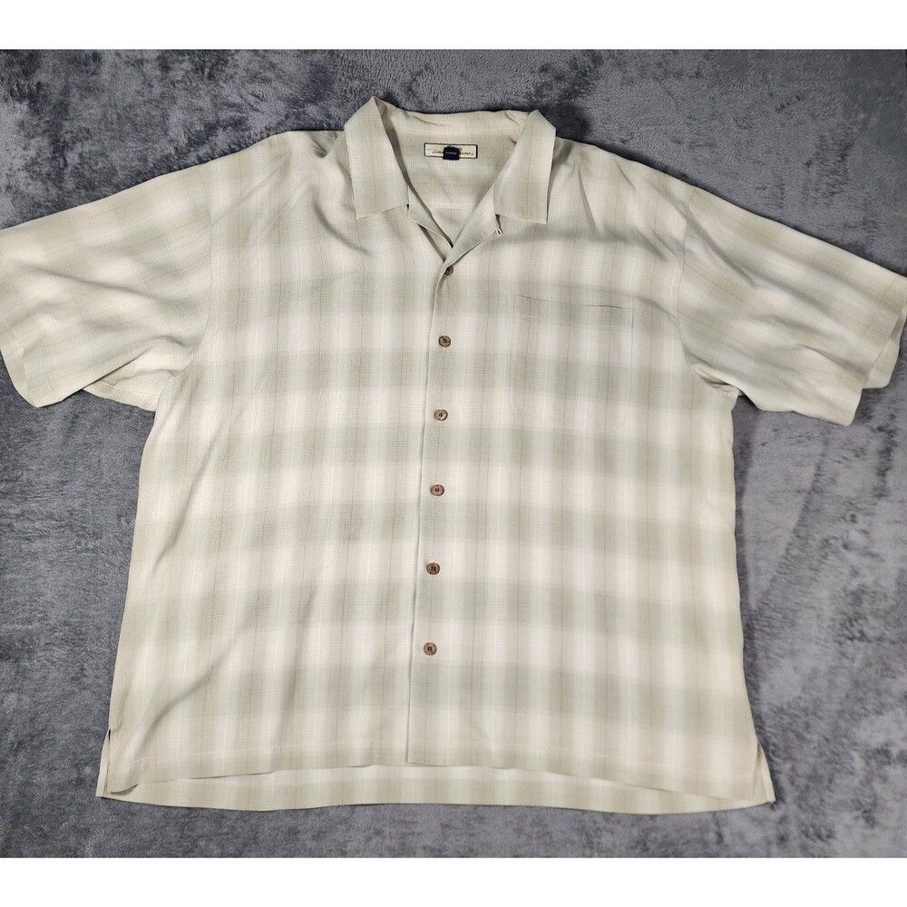 Tommy Bahama Men's XXL Beige Tropical Plaid 100% Silk Hawaiian Camp Shirt 2XL